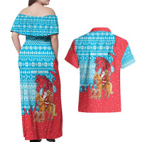 Azerbaijan Christmas Couples Matching Off Shoulder Maxi Dress and Hawaiian Shirt with Santa Riding Horse Red Flame Motif and Blue Islamic Pattern Design - Wonder Print Shop