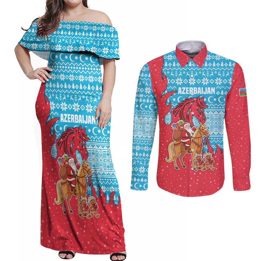 Azerbaijan Christmas Couples Matching Off Shoulder Maxi Dress and Long Sleeve Button Shirt with Santa Riding Horse Red Flame Motif and Blue Islamic Pattern Design - Wonder Print Shop