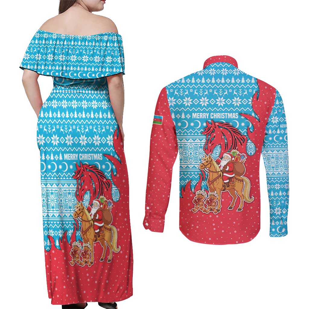 Azerbaijan Christmas Couples Matching Off Shoulder Maxi Dress and Long Sleeve Button Shirt with Santa Riding Horse Red Flame Motif and Blue Islamic Pattern Design - Wonder Print Shop