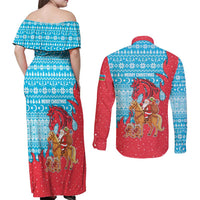 Azerbaijan Christmas Couples Matching Off Shoulder Maxi Dress and Long Sleeve Button Shirt with Santa Riding Horse Red Flame Motif and Blue Islamic Pattern Design - Wonder Print Shop