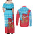Azerbaijan Christmas Couples Matching Off Shoulder Maxi Dress and Long Sleeve Button Shirt with Santa Riding Horse Red Flame Motif and Blue Islamic Pattern Design - Wonder Print Shop
