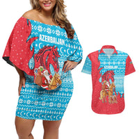 Azerbaijan Christmas Couples Matching Off Shoulder Short Dress and Hawaiian Shirt with Santa Riding Horse Red Flame Motif and Blue Islamic Pattern Design - Wonder Print Shop
