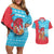 Azerbaijan Christmas Couples Matching Off Shoulder Short Dress and Hawaiian Shirt with Santa Riding Horse Red Flame Motif and Blue Islamic Pattern Design - Wonder Print Shop