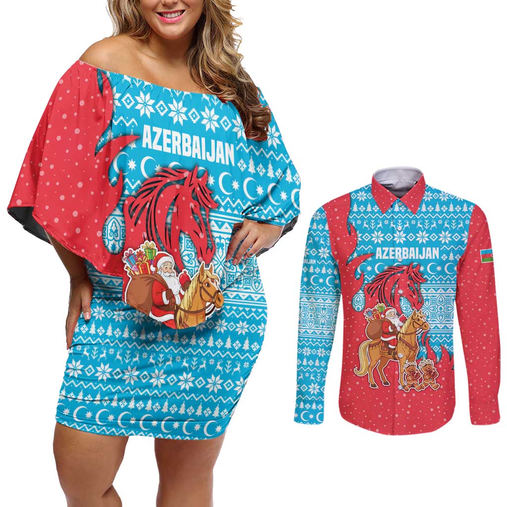 Azerbaijan Christmas Couples Matching Off Shoulder Short Dress and Long Sleeve Button Shirt with Santa Riding Horse Red Flame Motif and Blue Islamic Pattern Design - Wonder Print Shop