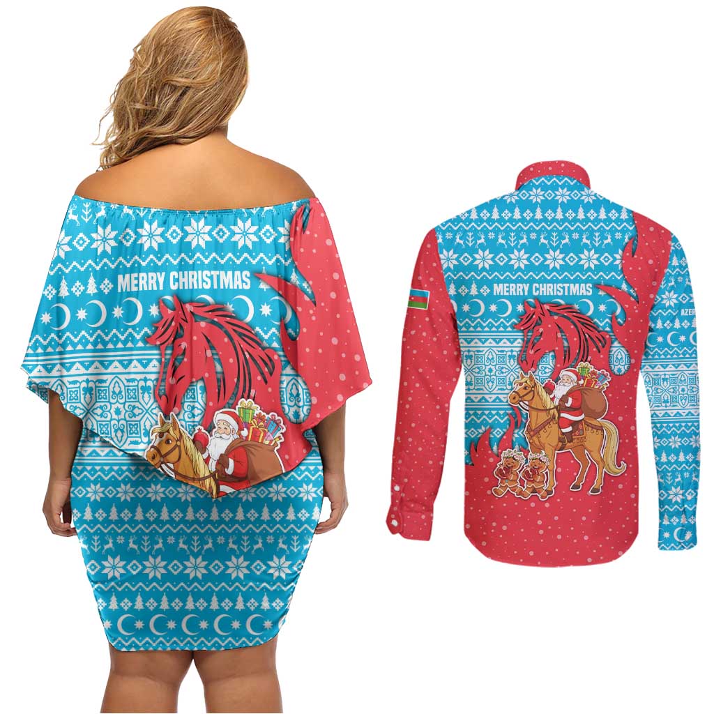 Azerbaijan Christmas Couples Matching Off Shoulder Short Dress and Long Sleeve Button Shirt with Santa Riding Horse Red Flame Motif and Blue Islamic Pattern Design - Wonder Print Shop