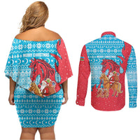 Azerbaijan Christmas Couples Matching Off Shoulder Short Dress and Long Sleeve Button Shirt with Santa Riding Horse Red Flame Motif and Blue Islamic Pattern Design - Wonder Print Shop