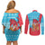 Azerbaijan Christmas Couples Matching Off Shoulder Short Dress and Long Sleeve Button Shirt with Santa Riding Horse Red Flame Motif and Blue Islamic Pattern Design - Wonder Print Shop