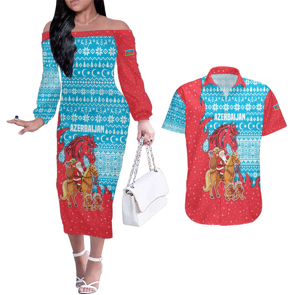 Azerbaijan Christmas Couples Matching Off The Shoulder Long Sleeve Dress and Hawaiian Shirt with Santa Riding Horse Red Flame Motif and Blue Islamic Pattern Design - Wonder Print Shop