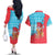 Azerbaijan Christmas Couples Matching Off The Shoulder Long Sleeve Dress and Hawaiian Shirt with Santa Riding Horse Red Flame Motif and Blue Islamic Pattern Design - Wonder Print Shop