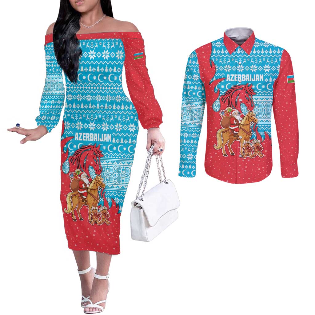 Azerbaijan Christmas Couples Matching Off The Shoulder Long Sleeve Dress and Long Sleeve Button Shirt with Santa Riding Horse Red Flame Motif and Blue Islamic Pattern Design - Wonder Print Shop