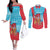 Azerbaijan Christmas Couples Matching Off The Shoulder Long Sleeve Dress and Long Sleeve Button Shirt with Santa Riding Horse Red Flame Motif and Blue Islamic Pattern Design - Wonder Print Shop