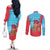 Azerbaijan Christmas Couples Matching Off The Shoulder Long Sleeve Dress and Long Sleeve Button Shirt with Santa Riding Horse Red Flame Motif and Blue Islamic Pattern Design - Wonder Print Shop