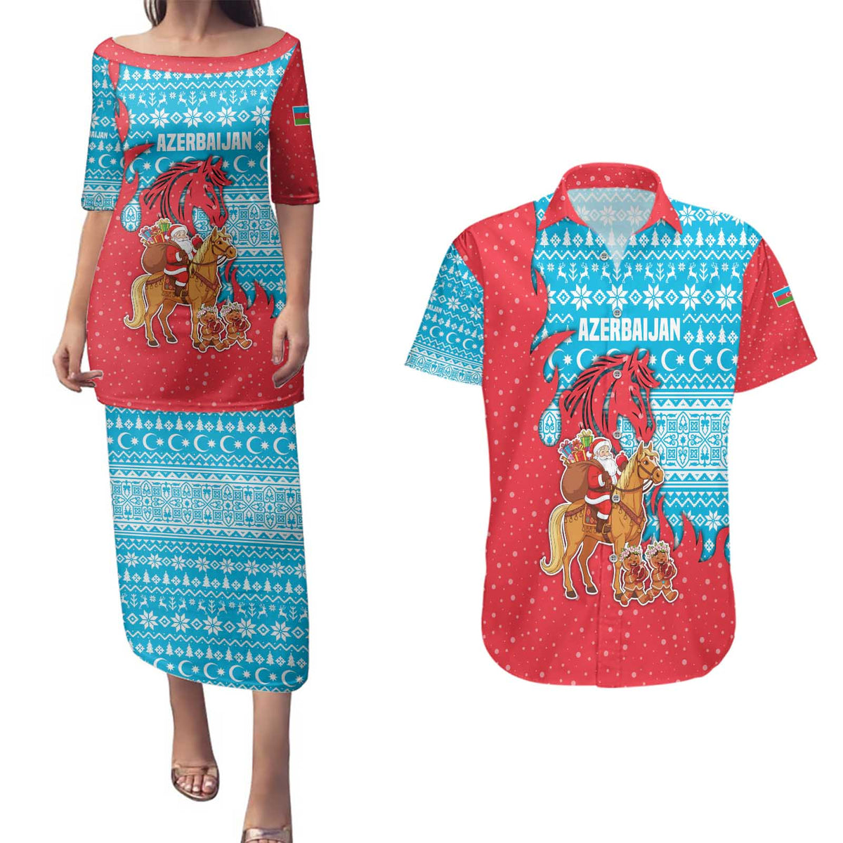 Azerbaijan Christmas Couples Matching Puletasi and Hawaiian Shirt with Santa Riding Horse Red Flame Motif and Blue Islamic Pattern Design - Wonder Print Shop