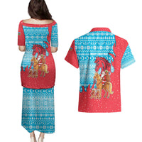 Azerbaijan Christmas Couples Matching Puletasi and Hawaiian Shirt with Santa Riding Horse Red Flame Motif and Blue Islamic Pattern Design - Wonder Print Shop