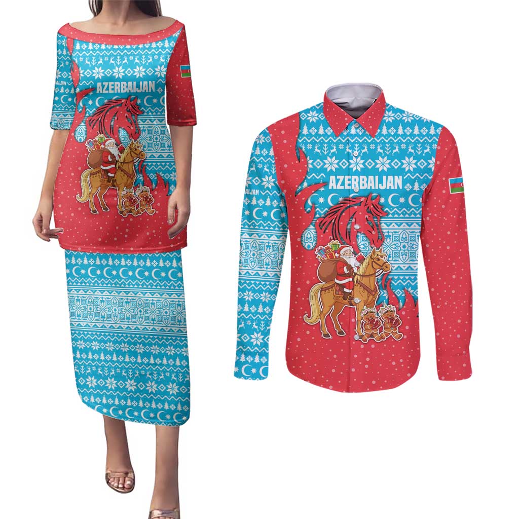 Azerbaijan Christmas Couples Matching Puletasi and Long Sleeve Button Shirt with Santa Riding Horse Red Flame Motif and Blue Islamic Pattern Design - Wonder Print Shop