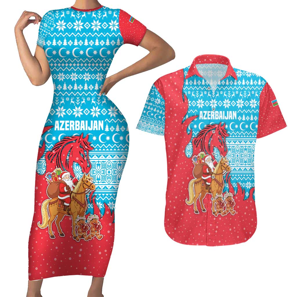 Azerbaijan Christmas Couples Matching Short Sleeve Bodycon Dress and Hawaiian Shirt with Santa Riding Horse Red Flame Motif and Blue Islamic Pattern Design - Wonder Print Shop