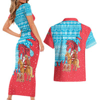 Azerbaijan Christmas Couples Matching Short Sleeve Bodycon Dress and Hawaiian Shirt with Santa Riding Horse Red Flame Motif and Blue Islamic Pattern Design - Wonder Print Shop