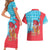 Azerbaijan Christmas Couples Matching Short Sleeve Bodycon Dress and Hawaiian Shirt with Santa Riding Horse Red Flame Motif and Blue Islamic Pattern Design - Wonder Print Shop