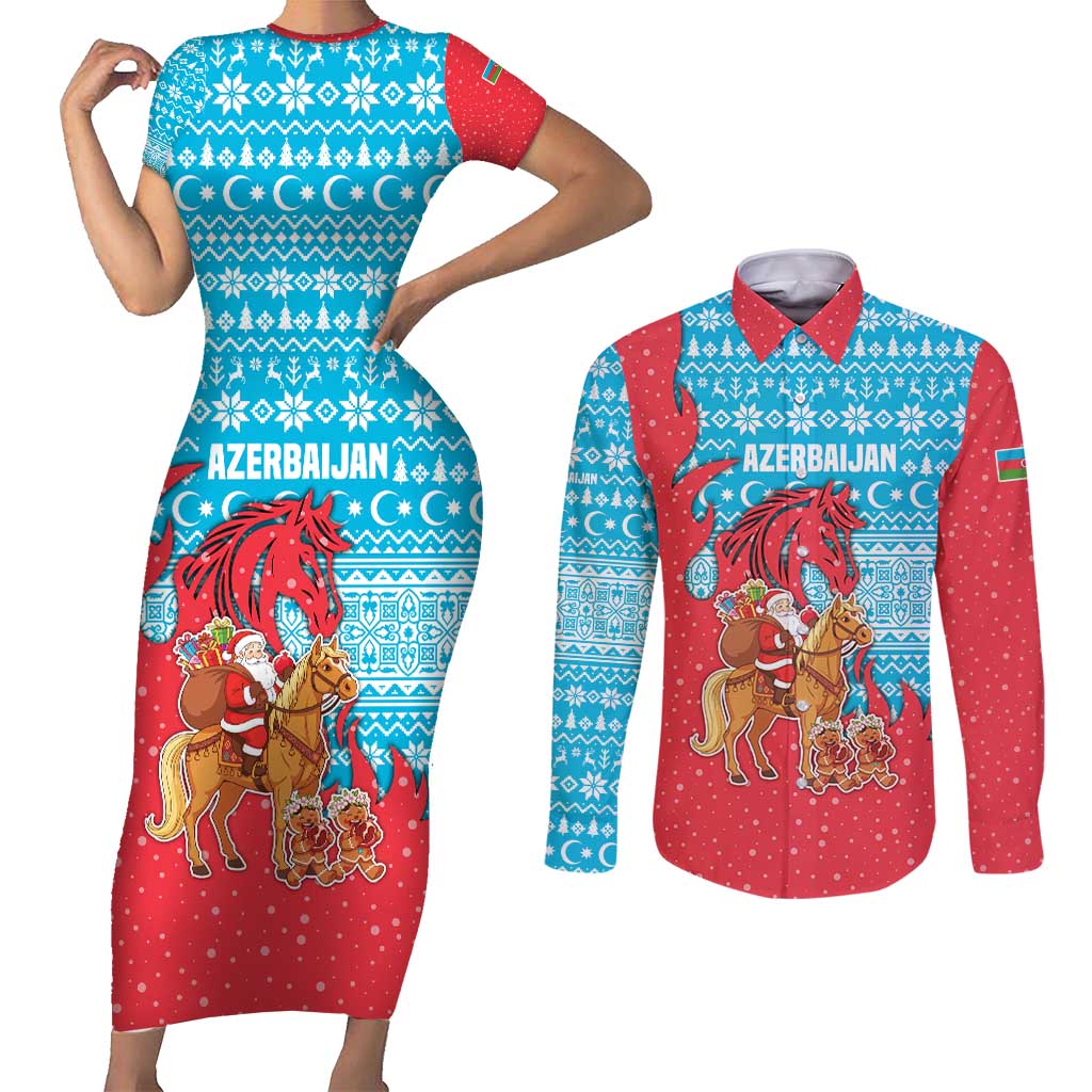Azerbaijan Christmas Couples Matching Short Sleeve Bodycon Dress and Long Sleeve Button Shirt with Santa Riding Horse Red Flame Motif and Blue Islamic Pattern Design - Wonder Print Shop