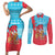 Azerbaijan Christmas Couples Matching Short Sleeve Bodycon Dress and Long Sleeve Button Shirt with Santa Riding Horse Red Flame Motif and Blue Islamic Pattern Design - Wonder Print Shop