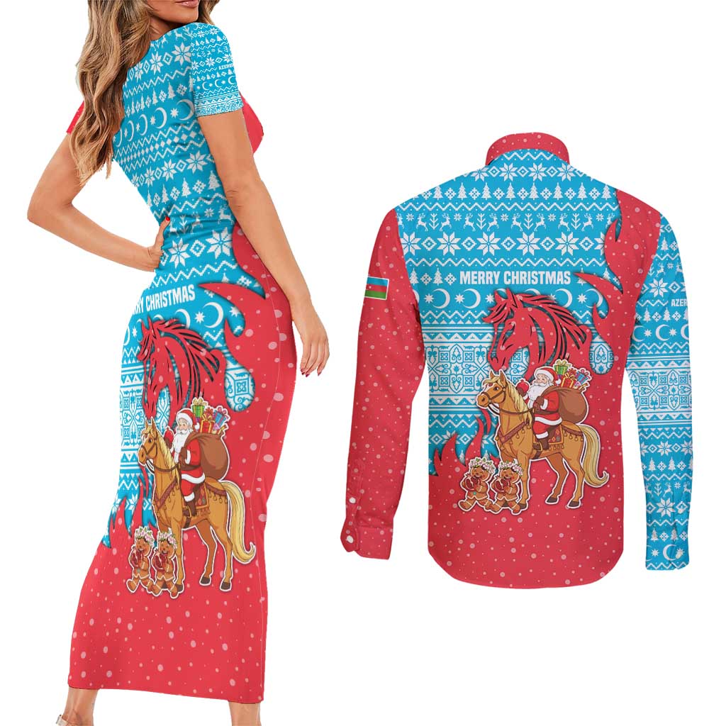 Azerbaijan Christmas Couples Matching Short Sleeve Bodycon Dress and Long Sleeve Button Shirt with Santa Riding Horse Red Flame Motif and Blue Islamic Pattern Design - Wonder Print Shop