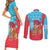 Azerbaijan Christmas Couples Matching Short Sleeve Bodycon Dress and Long Sleeve Button Shirt with Santa Riding Horse Red Flame Motif and Blue Islamic Pattern Design - Wonder Print Shop