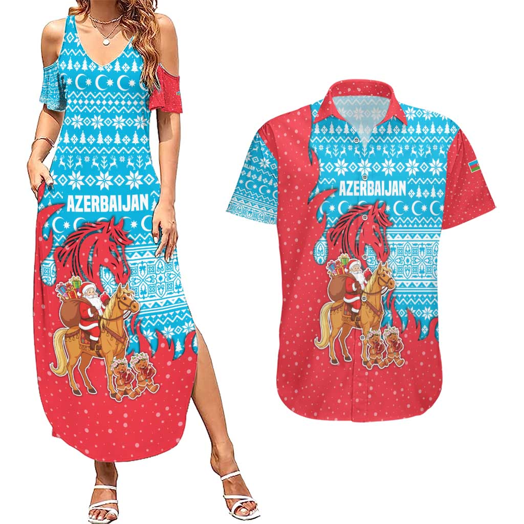 Azerbaijan Christmas Couples Matching Summer Maxi Dress and Hawaiian Shirt with Santa Riding Horse Red Flame Motif and Blue Islamic Pattern Design - Wonder Print Shop