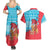 Azerbaijan Christmas Couples Matching Summer Maxi Dress and Hawaiian Shirt with Santa Riding Horse Red Flame Motif and Blue Islamic Pattern Design - Wonder Print Shop