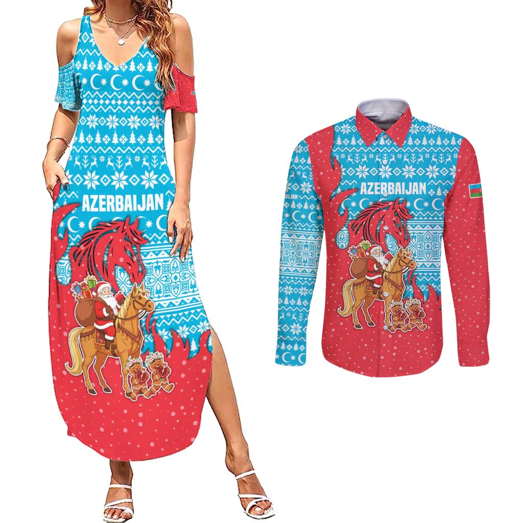 Azerbaijan Christmas Couples Matching Summer Maxi Dress and Long Sleeve Button Shirt with Santa Riding Horse Red Flame Motif and Blue Islamic Pattern Design - Wonder Print Shop