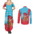 Azerbaijan Christmas Couples Matching Summer Maxi Dress and Long Sleeve Button Shirt with Santa Riding Horse Red Flame Motif and Blue Islamic Pattern Design - Wonder Print Shop