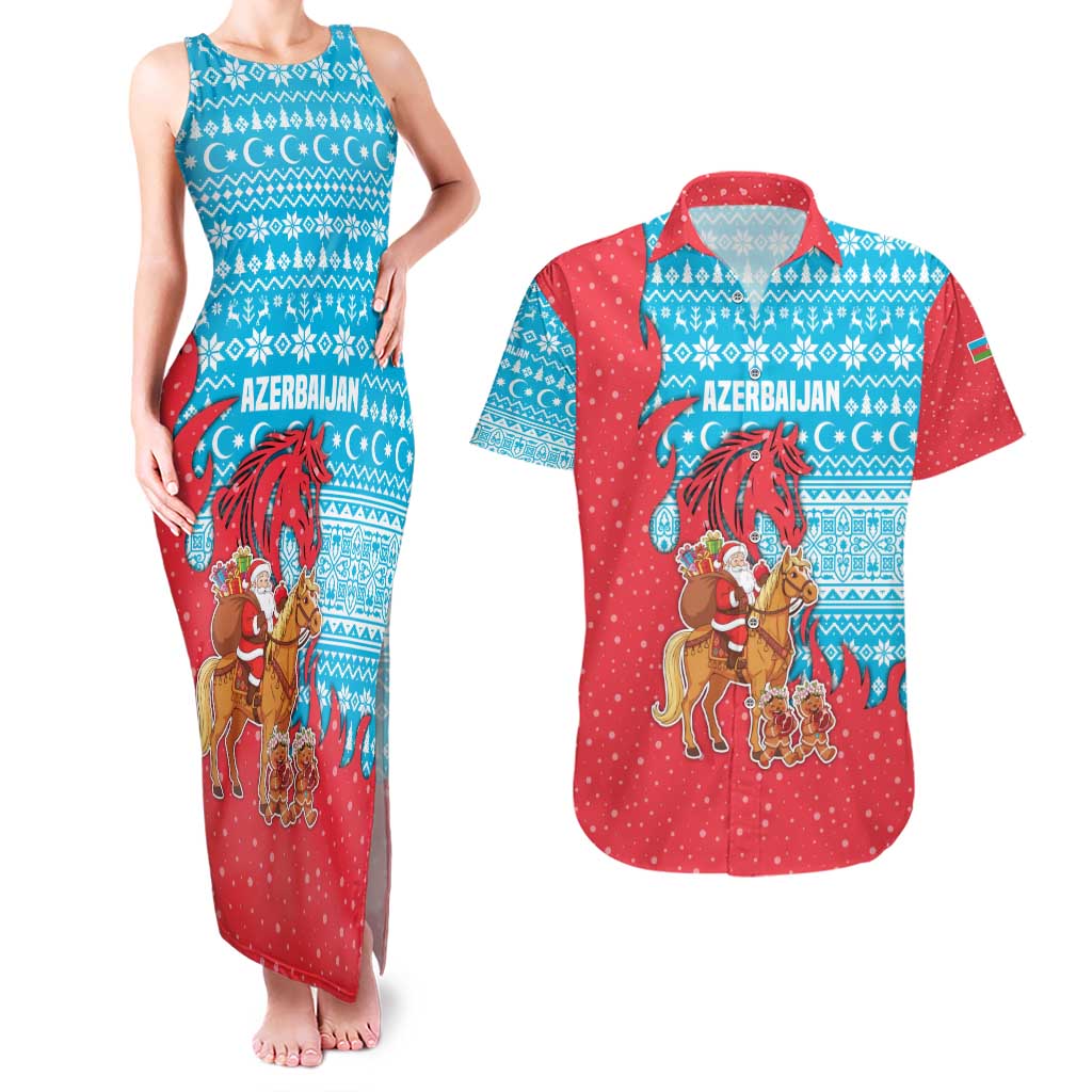 Azerbaijan Christmas Couples Matching Tank Maxi Dress and Hawaiian Shirt with Santa Riding Horse Red Flame Motif and Blue Islamic Pattern Design - Wonder Print Shop