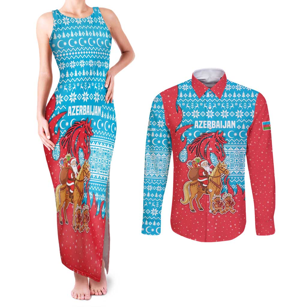 Azerbaijan Christmas Couples Matching Tank Maxi Dress and Long Sleeve Button Shirt with Santa Riding Horse Red Flame Motif and Blue Islamic Pattern Design - Wonder Print Shop