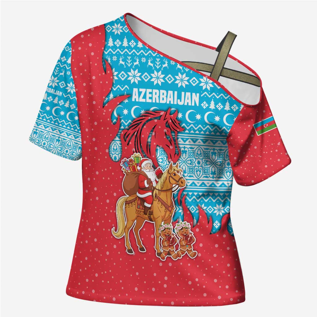 Azerbaijan Christmas Cross Shoulder Shirt with Santa Riding Horse Red Flame Motif and Blue Islamic Pattern Design - Wonder Print Shop
