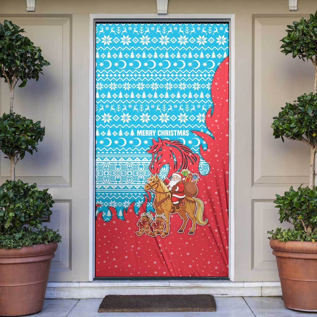 Azerbaijan Christmas Door Cover with Santa Riding Horse Red Flame Motif and Blue Islamic Pattern Design - Wonder Print Shop