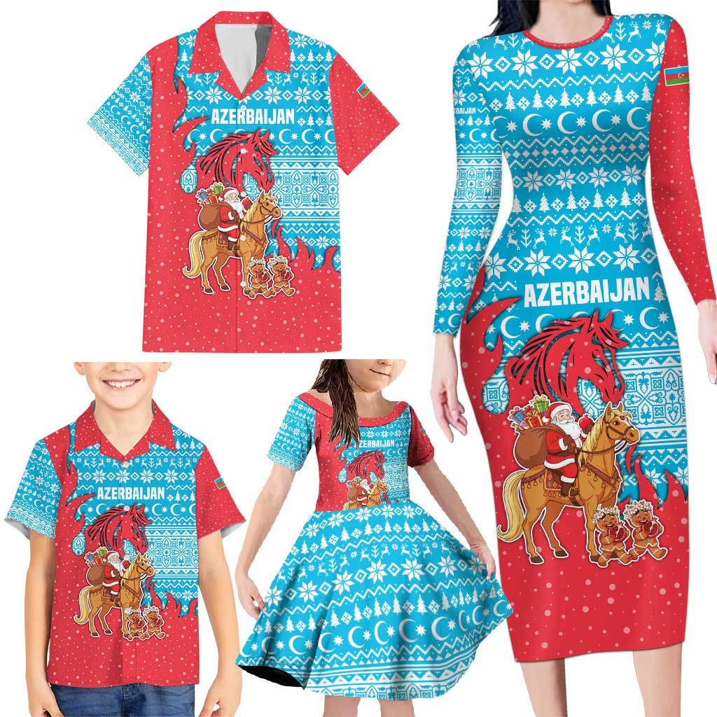 Azerbaijan Christmas Family Matching Long Sleeve Bodycon Dress and Hawaiian Shirt with Santa Riding Horse Red Flame Motif and Blue Islamic Pattern Design - Wonder Print Shop