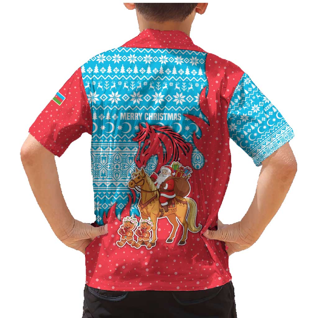 Azerbaijan Christmas Family Matching Mermaid Dress and Hawaiian Shirt with Santa Riding Horse Red Flame Motif and Blue Islamic Pattern Design - Wonder Print Shop