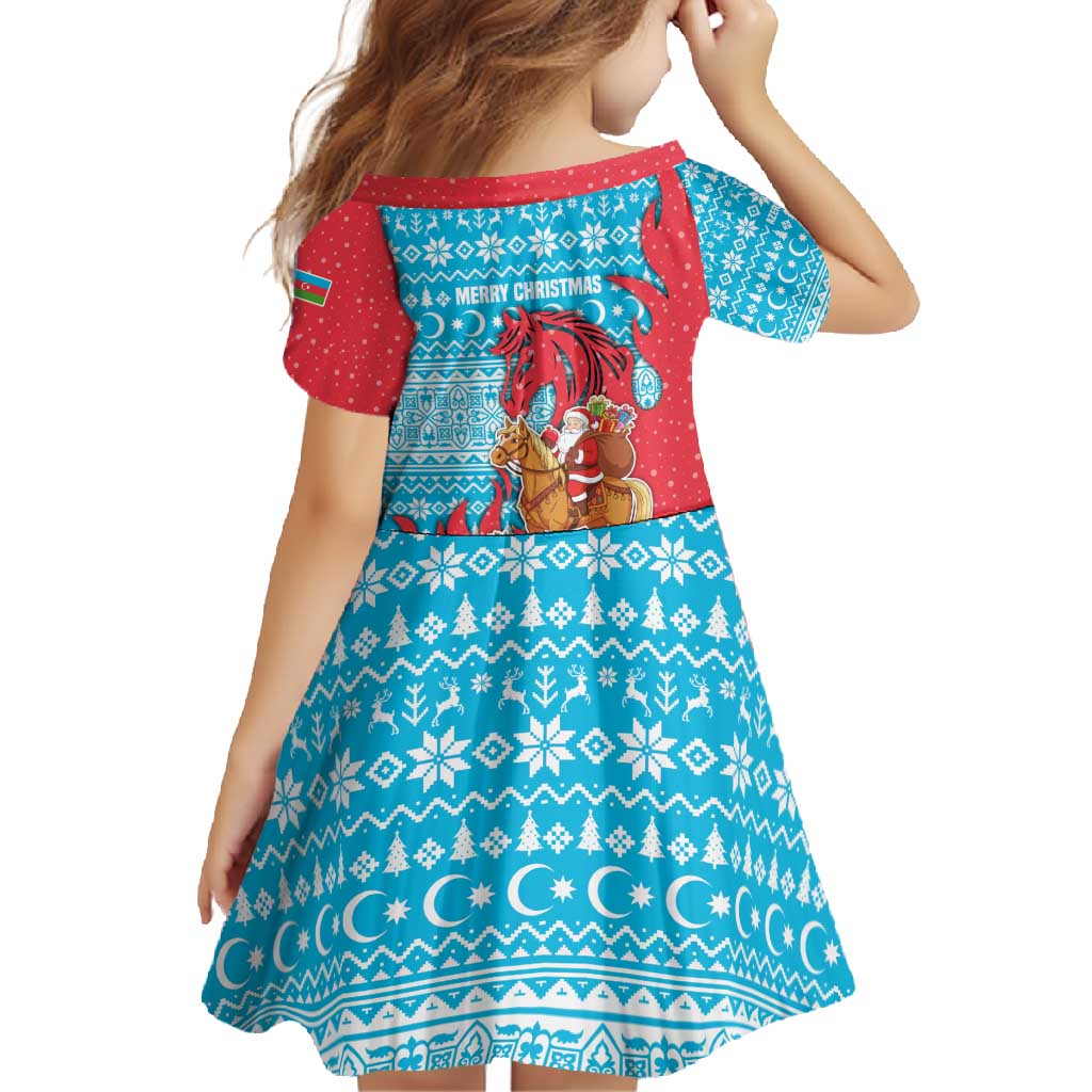Azerbaijan Christmas Family Matching Mermaid Dress and Hawaiian Shirt with Santa Riding Horse Red Flame Motif and Blue Islamic Pattern Design - Wonder Print Shop