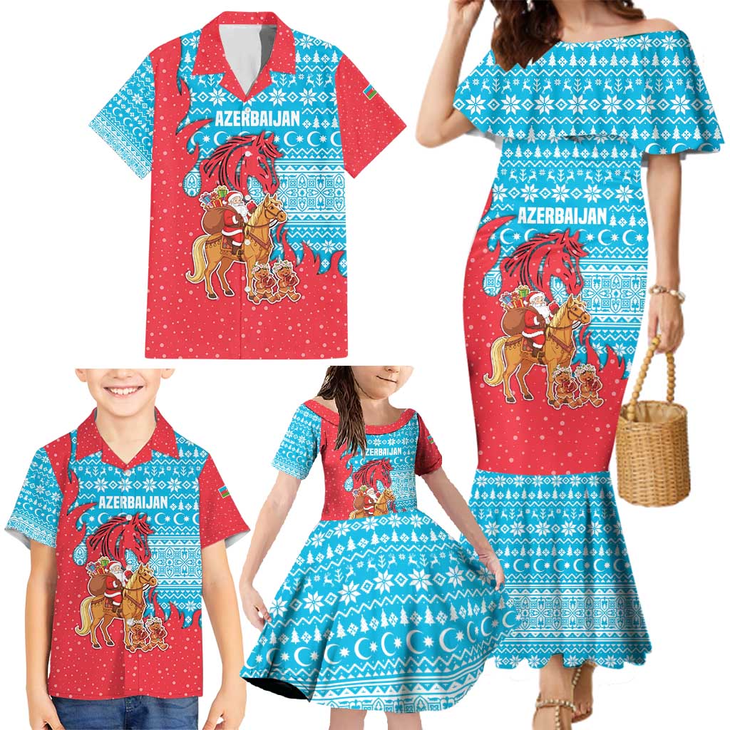 Azerbaijan Christmas Family Matching Mermaid Dress and Hawaiian Shirt with Santa Riding Horse Red Flame Motif and Blue Islamic Pattern Design - Wonder Print Shop