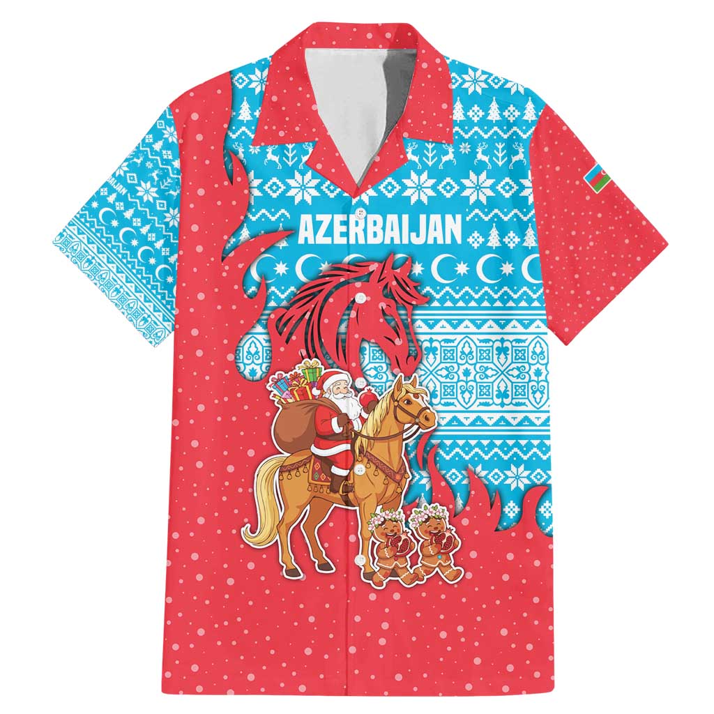 Azerbaijan Christmas Family Matching Mermaid Dress and Hawaiian Shirt with Santa Riding Horse Red Flame Motif and Blue Islamic Pattern Design - Wonder Print Shop