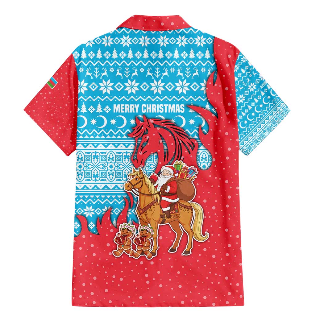 Azerbaijan Christmas Family Matching Mermaid Dress and Hawaiian Shirt with Santa Riding Horse Red Flame Motif and Blue Islamic Pattern Design - Wonder Print Shop