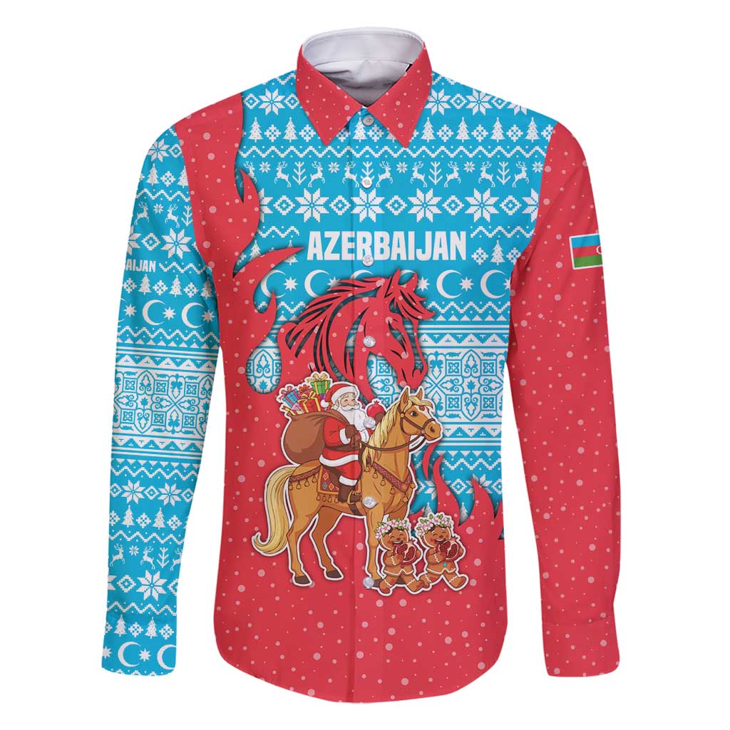 Azerbaijan Christmas Family Matching Mermaid Dress and Hawaiian Shirt with Santa Riding Horse Red Flame Motif and Blue Islamic Pattern Design - Wonder Print Shop