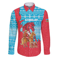 Azerbaijan Christmas Family Matching Mermaid Dress and Hawaiian Shirt with Santa Riding Horse Red Flame Motif and Blue Islamic Pattern Design - Wonder Print Shop