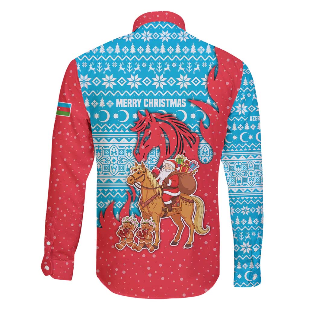 Azerbaijan Christmas Family Matching Mermaid Dress and Hawaiian Shirt with Santa Riding Horse Red Flame Motif and Blue Islamic Pattern Design - Wonder Print Shop