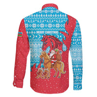 Azerbaijan Christmas Family Matching Mermaid Dress and Hawaiian Shirt with Santa Riding Horse Red Flame Motif and Blue Islamic Pattern Design - Wonder Print Shop