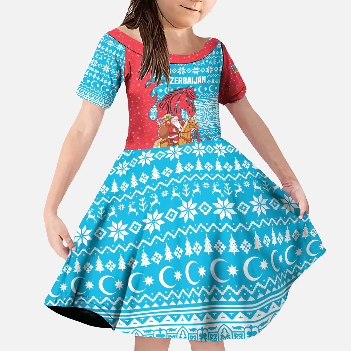 Azerbaijan Christmas Family Matching Off The Shoulder Long Sleeve Dress and Hawaiian Shirt with Santa Riding Horse Red Flame Motif and Blue Islamic Pattern Design - Wonder Print Shop