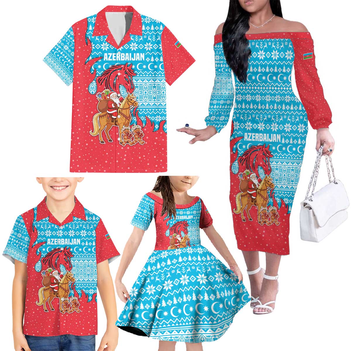 Azerbaijan Christmas Family Matching Off The Shoulder Long Sleeve Dress and Hawaiian Shirt with Santa Riding Horse Red Flame Motif and Blue Islamic Pattern Design - Wonder Print Shop