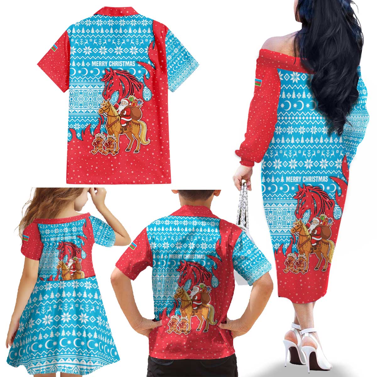 Azerbaijan Christmas Family Matching Off The Shoulder Long Sleeve Dress and Hawaiian Shirt with Santa Riding Horse Red Flame Motif and Blue Islamic Pattern Design - Wonder Print Shop
