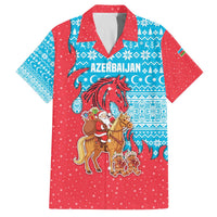 Azerbaijan Christmas Family Matching Off The Shoulder Long Sleeve Dress and Hawaiian Shirt with Santa Riding Horse Red Flame Motif and Blue Islamic Pattern Design - Wonder Print Shop