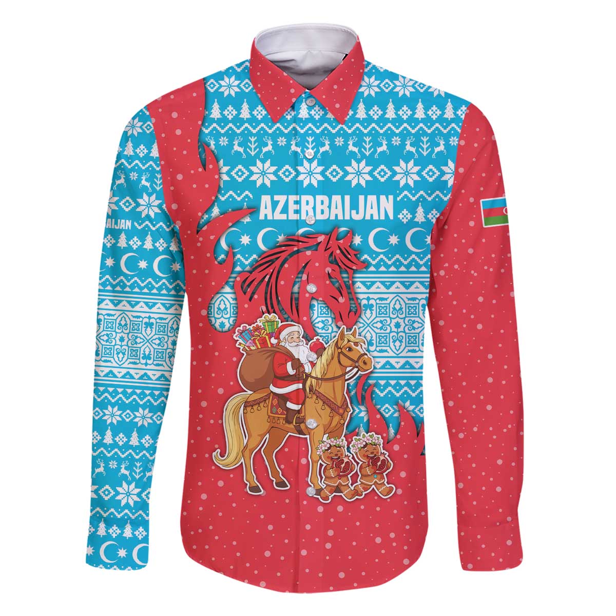 Azerbaijan Christmas Family Matching Off The Shoulder Long Sleeve Dress and Hawaiian Shirt with Santa Riding Horse Red Flame Motif and Blue Islamic Pattern Design - Wonder Print Shop