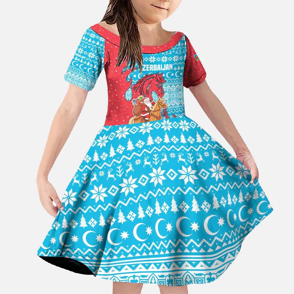 Azerbaijan Christmas Family Matching Off Shoulder Maxi Dress and Hawaiian Shirt with Santa Riding Horse Red Flame Motif and Blue Islamic Pattern Design - Wonder Print Shop